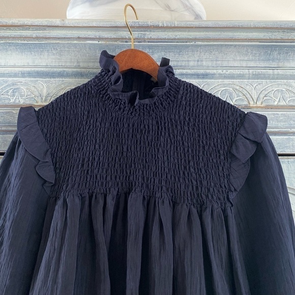 French Connection Boza Ruffle Neck Blouse, Utility Blue - Picture 7 of 14